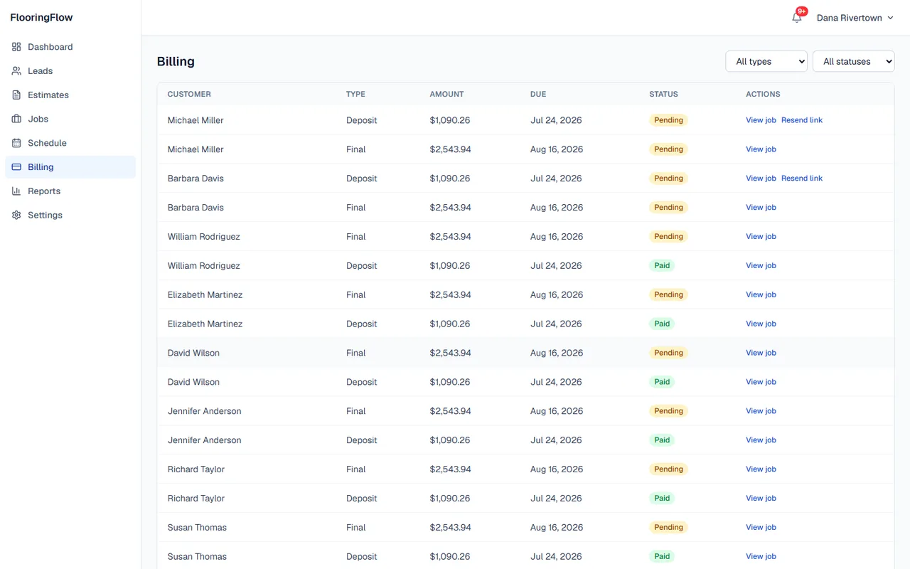 FlooringFlow's billing view tracking deposit and final payment status.