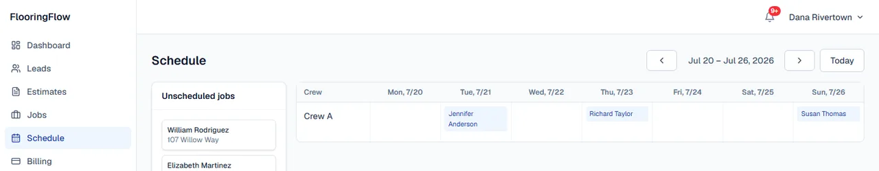 FlooringFlow's drag-and-drop weekly crew scheduling calendar.