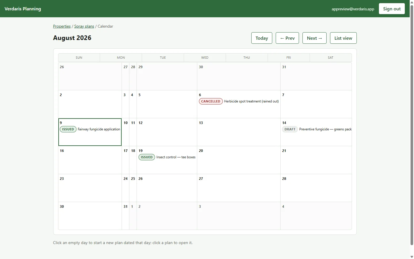 Verdaris property calendar showing spray plans by date.