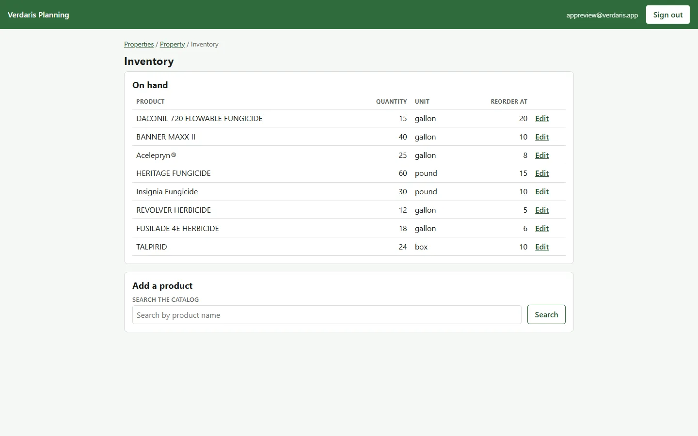 Verdaris inventory screen listing products on hand, quantity, and reorder threshold.
