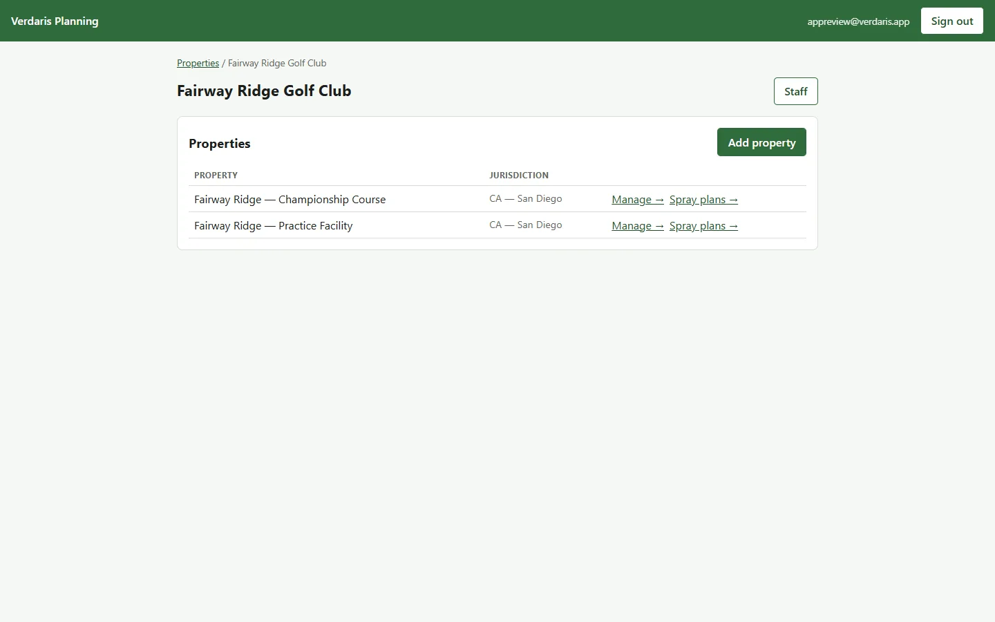 Verdaris organization dashboard listing properties.