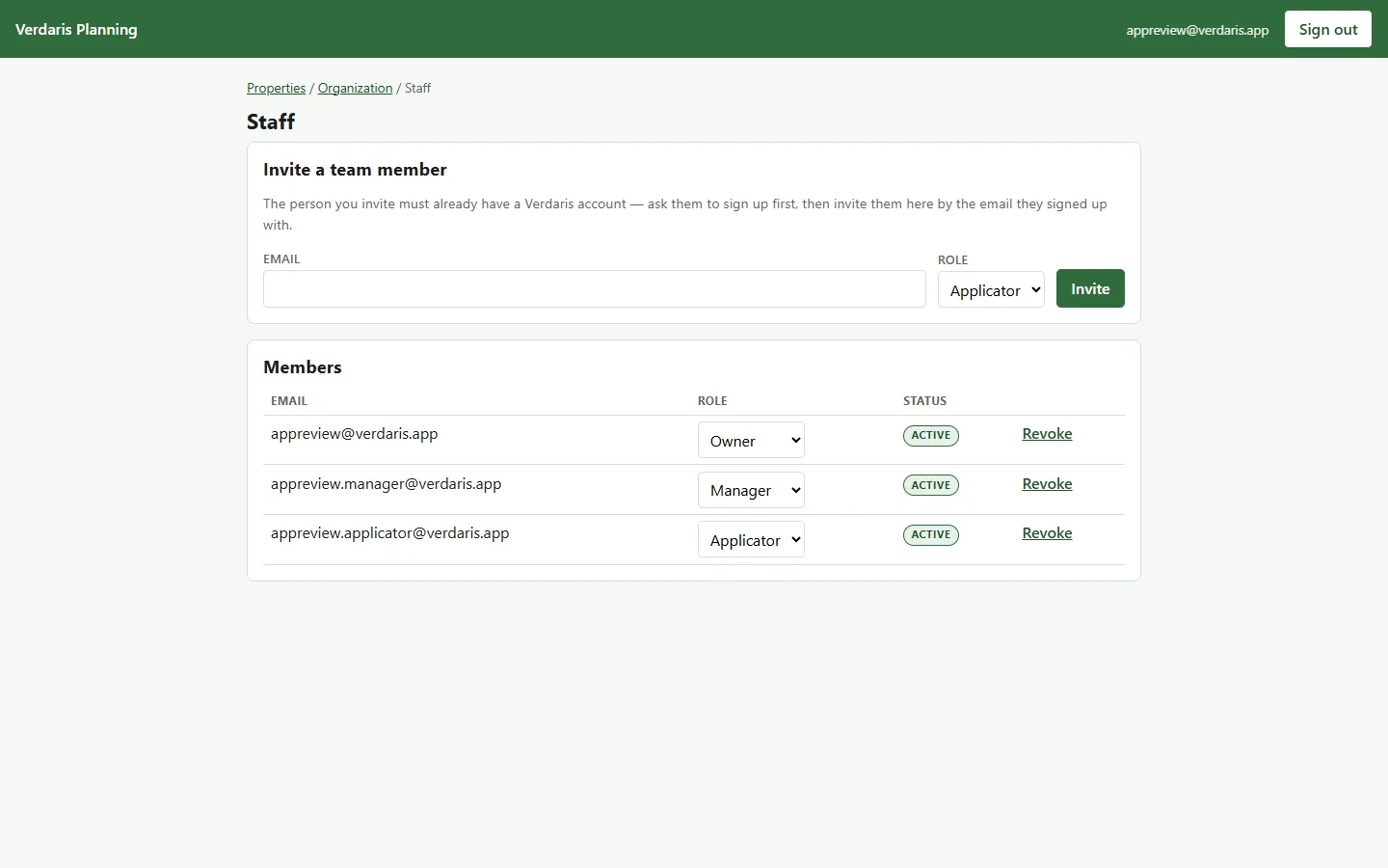 Verdaris staff administration screen for an organization.